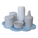 Kit Higiene Bebê Porcelana Bandeja Nuvem Azul 6 Peças