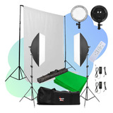 Kit Iluminação Profissional Para Foto E Vídeo, Softbox Duplo 60w, Luz Quente E Fria Variável, Controle, Suporte Fundo Infinito, Tripés, Bolsa, Fundo Branco E Verde Chroma-key, Ideal Para Estúdio.
