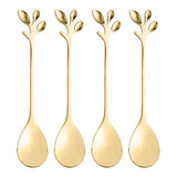 Kit Jogo 4 Colher De Chá Café Aço Inox Leaves Dourado 28296
