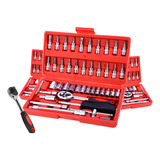 Kit Jogo Soquete Rezzet 46 Pçs Aço Crv 1/4 Catraca Chave Com Maleta Cor Vermelho