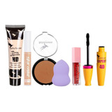 Kit Maquiagem Base Pó Compacto Blush Rímel Esponja Promoção