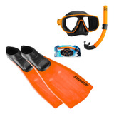Kit Mergulho Completo Máscara Snorkel Nadadeira Pé De Pato Seasub - Vidros Temperados Intercambiáveis Cor Laranja | 33/35