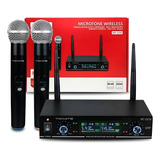 Kit Microfone Duplo Profissional Sem Fio Mt-2210 Uhf Preto