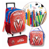 Kit Mochila Escolar Infantil Super Spider Hero Rodinhas