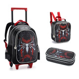 Kit Mochila Rodinha Homem Aranha Spider Estojo Lancheira Cor Preto Spider
