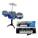 Kit Musical Teclado Infantil + Mini Bateria Com Banquinho 2