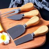 Kit Para Queijo Petisco Quatro Peças De Aço Inox E Madeira Cor Prata