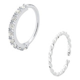 Kit Piercings Argola Cravejada E Trançada Prata 925 Nariz