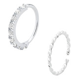 Kit Piercings Argola Cravejada E Trançada Prata 925 Nariz