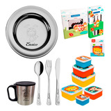 Kit Prato Talher Infantil Escolar Copo Inox Nome Pote Buba