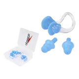 Kit Protetor De Ouvido E Presilha Nasal Para Natação De Silicone Cor Azul Neon Speedo