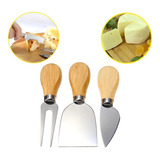 Kit Queijo Petisco Três Peças De Aço Inox E Madeira Cor Cinza Claro