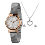 Kit Relógio + Colar E Brincos Orient Classic Prata Feminino