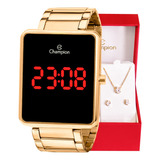 Kit Relógio Feminino Champion Digital Dourado Colar Brincos
