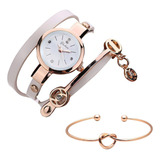 Kit Relógio Feminino Dourado Pulseira Em Couro Com Bracelete Fundo Branco