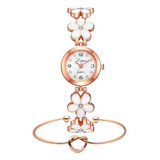 Kit Relógio Feminino Dourado Pulseira Pedras Flor Bracelete