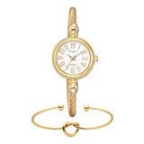 Kit Relógio Feminino Mini Dourado Analógico Cor Do Fundo Branco Com Pulseira Bracelete Nó Coração Cor Dourada