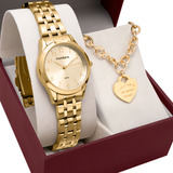 Kit Relógio Feminino Mondaine Dourado Aço Com Pulseira Love You 32608lpmkde1k3