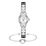 Kit Relógio Feminino Prata Pequeno Quartz Bracelete Coração