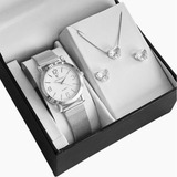 Kit Relógio Feminino Prata Prova D'água + Colar E Brincos