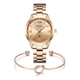 Kit Relógio Feminino Rose Gold Curren Analógico + Bracelete Correia Dourado Rose Bisel Dourado Rose Fundo Dourado Rose