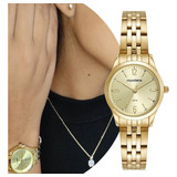 Kit Relógio Mondaine Pequeno Dourado E Colar De Cristal 32720lpmkde1k1