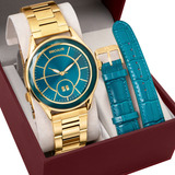 Kit Relógio Seculus Feminino Dourado Premium Troca Pulseira Fundo Azul