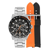 Kit Relógio Technos Masculino Cronógrafo Troca Pulseiras Cor Da Correia Prateado Cor Do Bisel Preto Cor Do Fundo Preto
