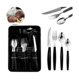 Kit Talheres 24 Pecas Porta Talher Luxo Premium Cor Preto