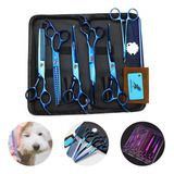 Kit Tesouras Tosa Azul 7 Pçs Profissional Banho Pet Aço Inox