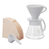 Kit V60 Hario Em Cerâmica Branco, Jarra De Vidro E 40 Filtro