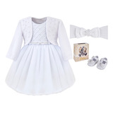 Kit Vestido De Menina Bebe Branco Batizado Princesa Luxo 