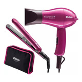 Kit Viagem Shine Secador E Chapinha Cor Rosa Bivolt - Philco