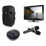 Locação Videokê Karaokê C/ 2 Microfones + Pedestal + Caixa De Som + Tv