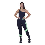 Macacão Fitness Feminino Um Ombro Suplex Recortes E Bolso Or