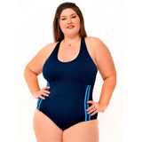 Maiô Plus Size Marinho Com Touca Para Natação Hidroginástica