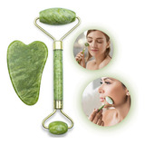 Massageador Pro Facial Pedra Jade Roller + Guasha Cor Verde-musgo