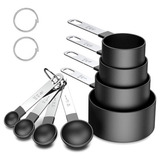 Medidor Culinário Inox Colher Copo Xícara Cozinha Cor Preto 8 Peças