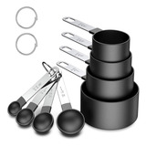 Medidor Culinário Inox Colher Copo Xícara Cozinha Preto 8pçs