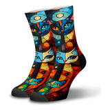 Meia Cano Alto Divertida Gato Picasso Crossfit, Patins
