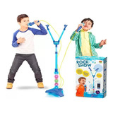 Microfone Duplo Com Pedestal Infantil Azul Mp3 Com Luz