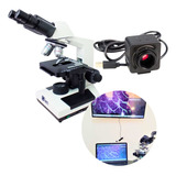 Microscópio Binocular Biológico 1600x Led + Câmera 5.0 Mp Cor Branco 110v/220v