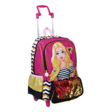 Mochila De Rodinhas Barbie 19z Com Bolsa Paetê Rosa Original