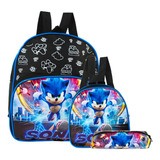 Mochila Infantil Sonic Runner Filme Costas Lancheira+estojo Cor Preto