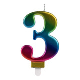 Número 3 - Vela Holográfica E Colorida - Bolo E Aniversário