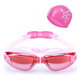 Óculos Natação Mergulho Piscina Sport Profissional Com Touca Cor Rosa Espelhado