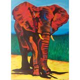 Painel Pintado À Mão Em Acrílica, Tema Elefante Vermelho