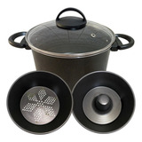 Panela Banho Maria Pudim E Vapor Antiaderente Tampa Vidro Cor Preto