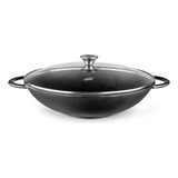 Panela Disco Wok 6,0 Litros Ferro Fundido Tampa De Vidro Mta