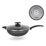 Panela Frigideira Wok 4,5l Antiaderente Indução Tampa Vidro Cor Preto